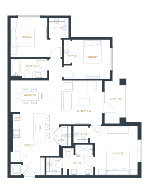 Floor plan for 3 beds, 2 baths, 1327 sqft
